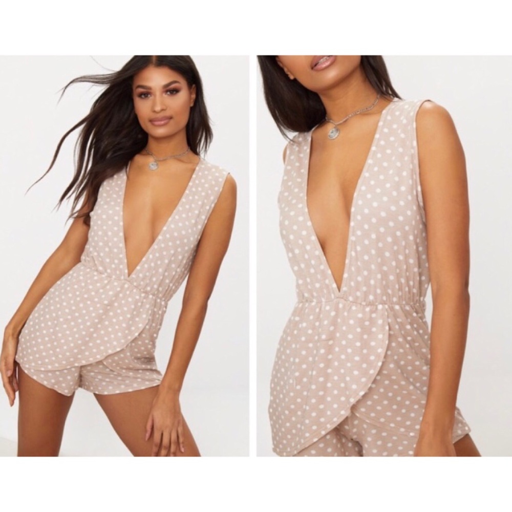 Camel Polka Dot Plunge Playsuit